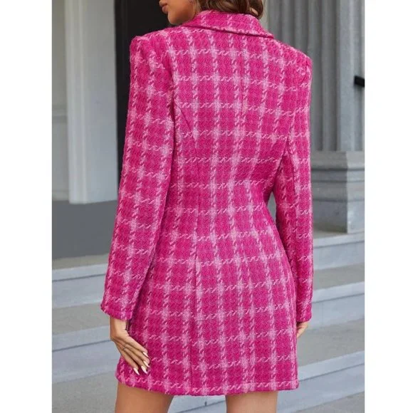 Plaid Double Breasted Pink Tweed Blazer Dress Mini Dress - Picture 9 of 9